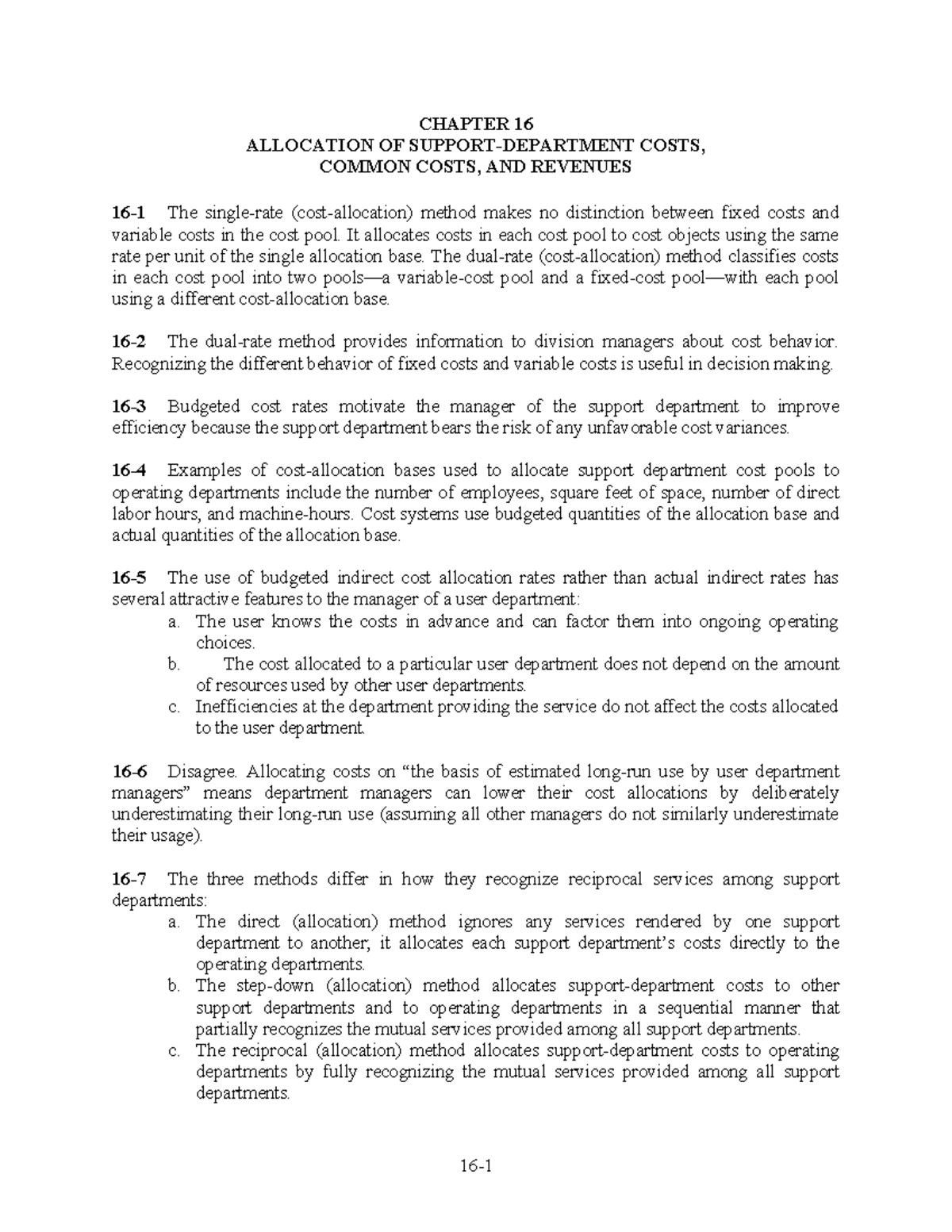 Cost17EChapter 16 Solutions - CHAPTER 16 ALLOCATION OF SUPPORT ...