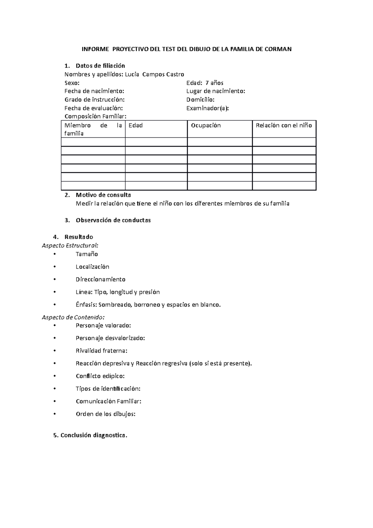 Informe Proyectivo De Tfc Caso Lucia Informe Proyectivo Del Test Del Dibujo De La Familia De