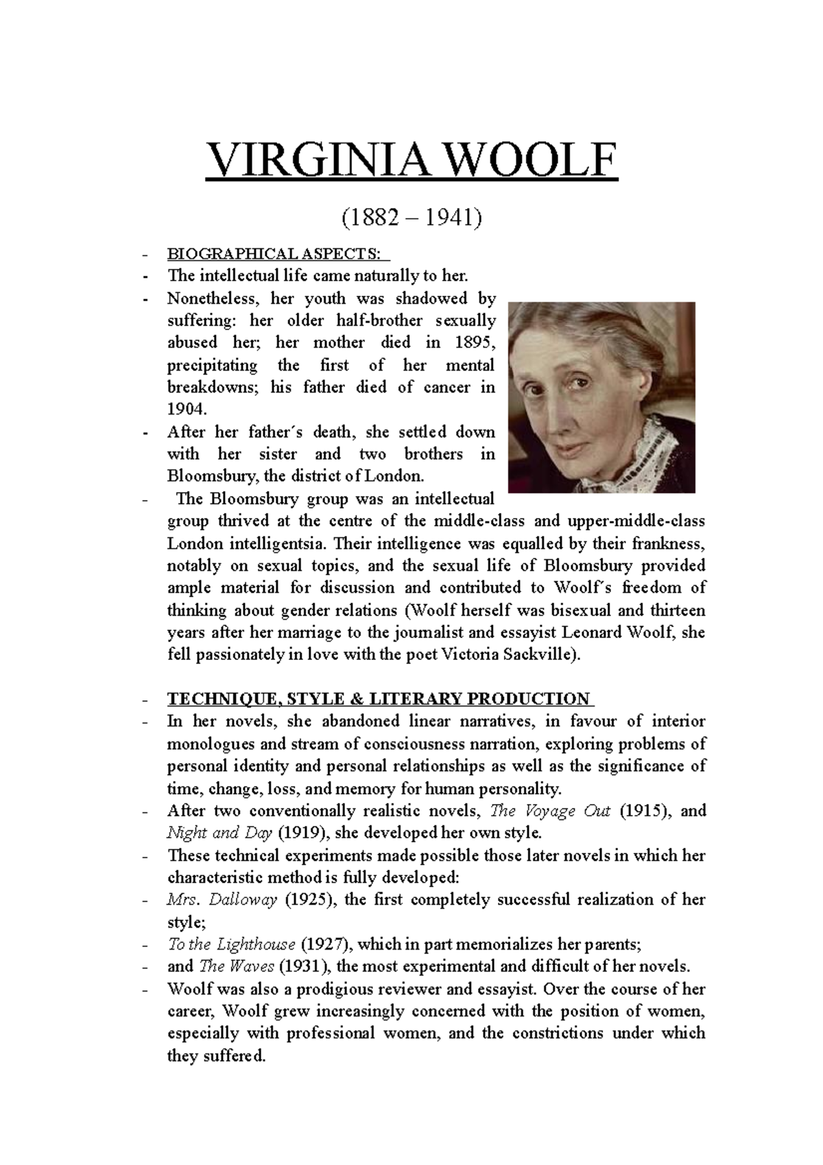 Virginia Woolf Theory - Apuntes - VIRGINIA WOOLF (1882 – 1941 ...