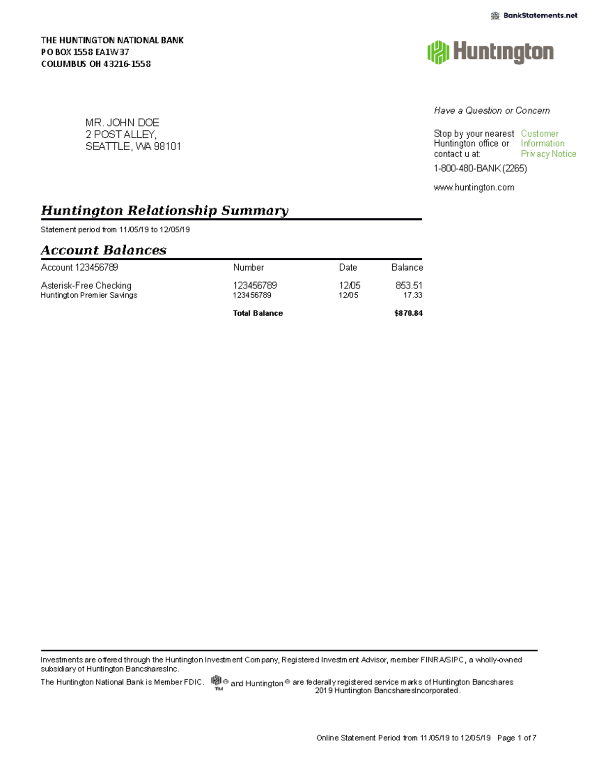 Huntington Bank Statement Bank Statements - PO BOX 1558 EA1W COLUMBUS ...
