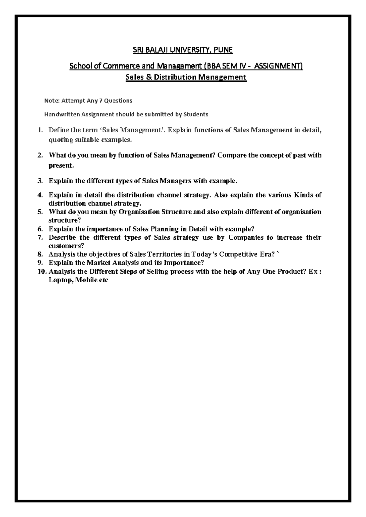 Sales and distribution Management assignment II - SRI BALAJI UNIVERSITY ...