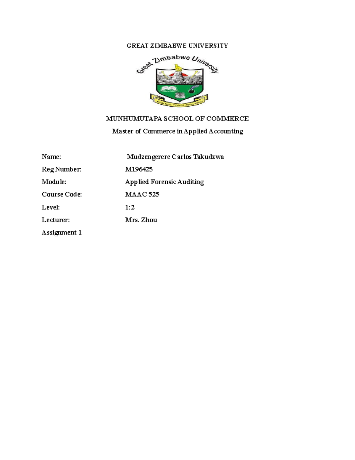 great zimbabwe university assignment cover page