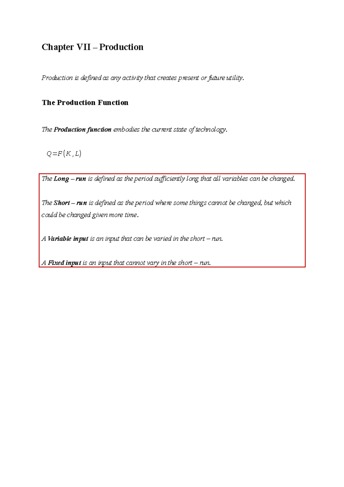 Chapter VII - Production And Costs - Chapter VII Production Production ...