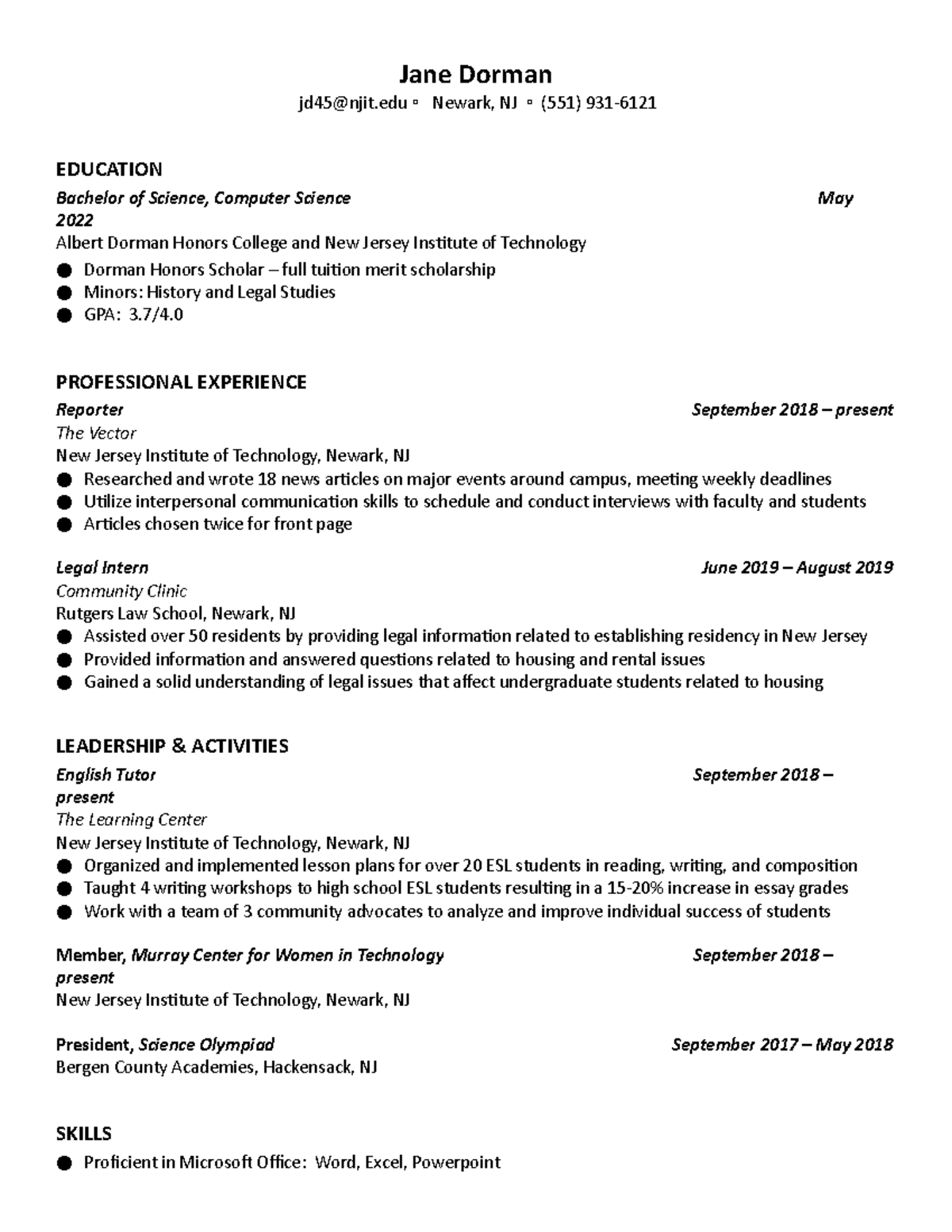 Resume template - Lecture notes 1-4 - Jane Dorman jd45@njit Newark, NJ ...