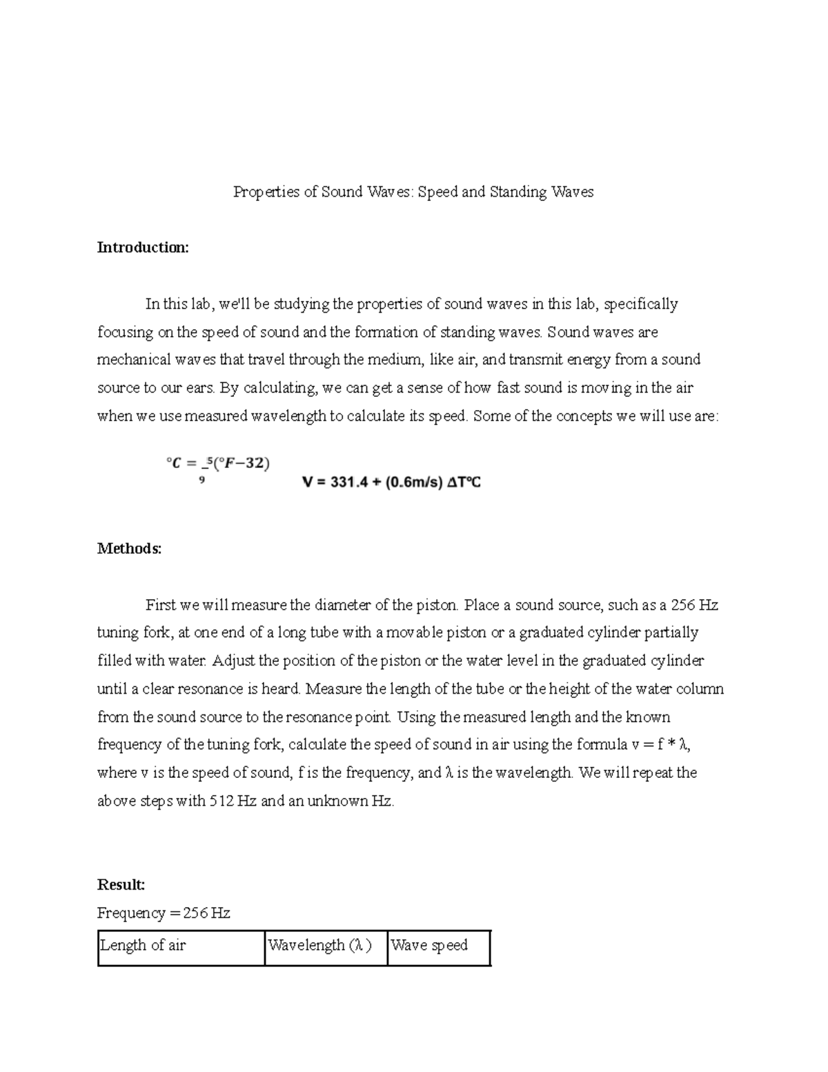 Lab 13 Report - Properties Of Sound Waves: Speed And Standing Waves ...