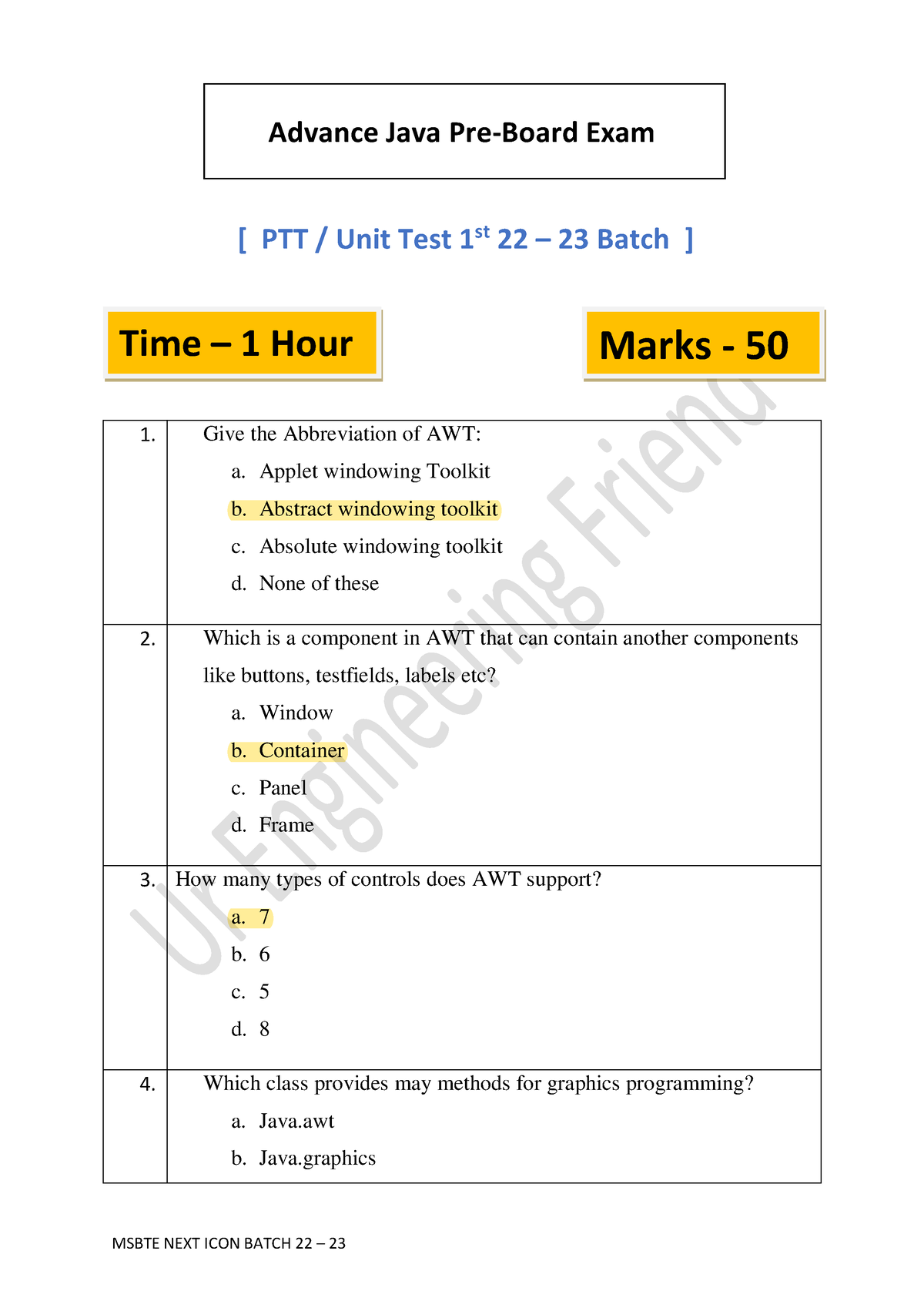 Advance Java Pre Board Exam For Ptt 1st 22 23 Batch Advance Java