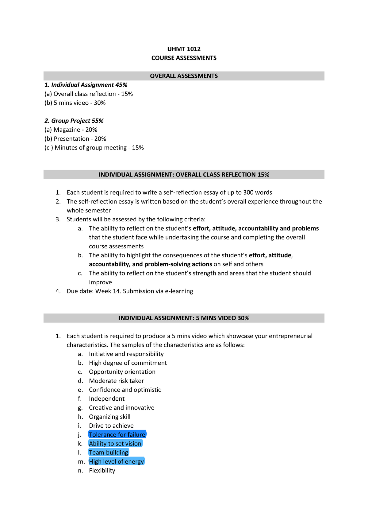 Course Assessments UHMT 1012 - UHMT 1012 COURSE ASSESSMENTS OVERALL ...