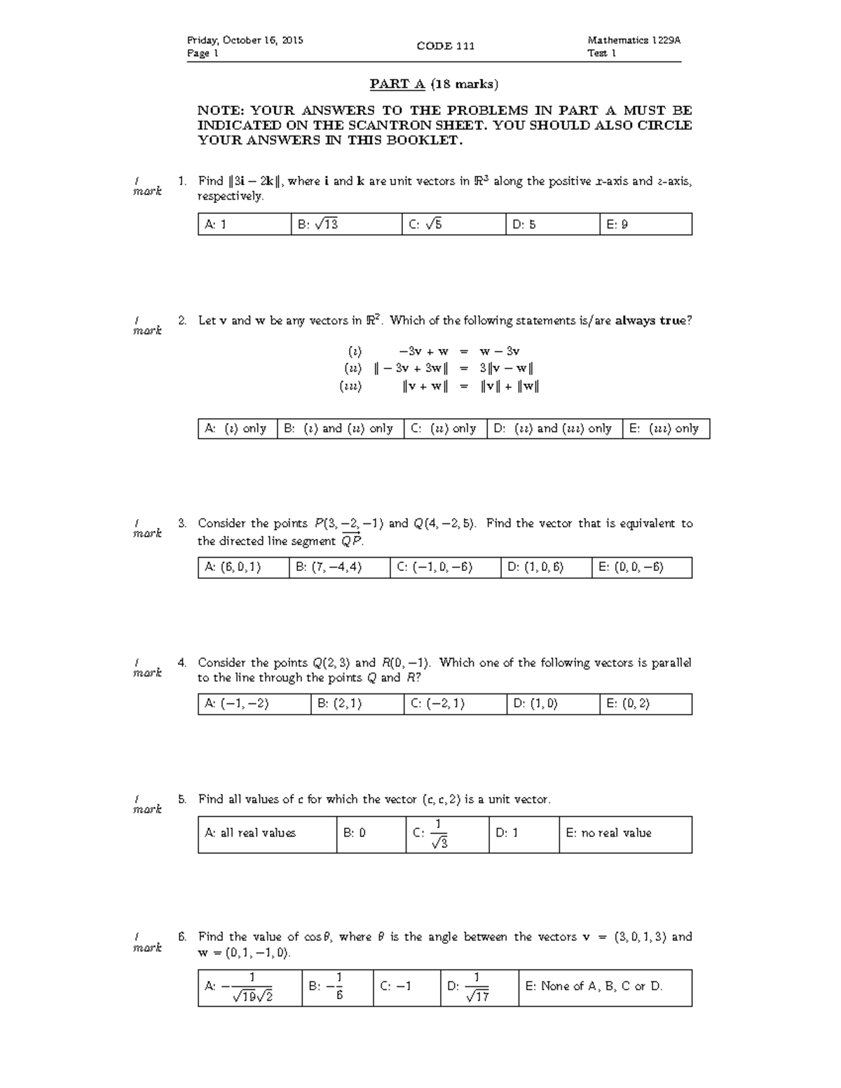 2015 Math 1229 Test 1 Test - Friday, October 16, 2015 Page 1 Code 111 