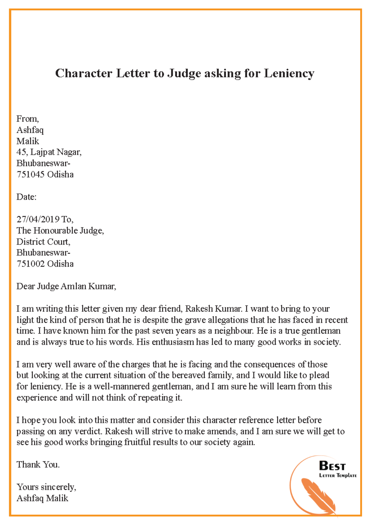 Character Letter to Judge asking for Leniency - StuDocu Pertaining To Letter To Judge Template