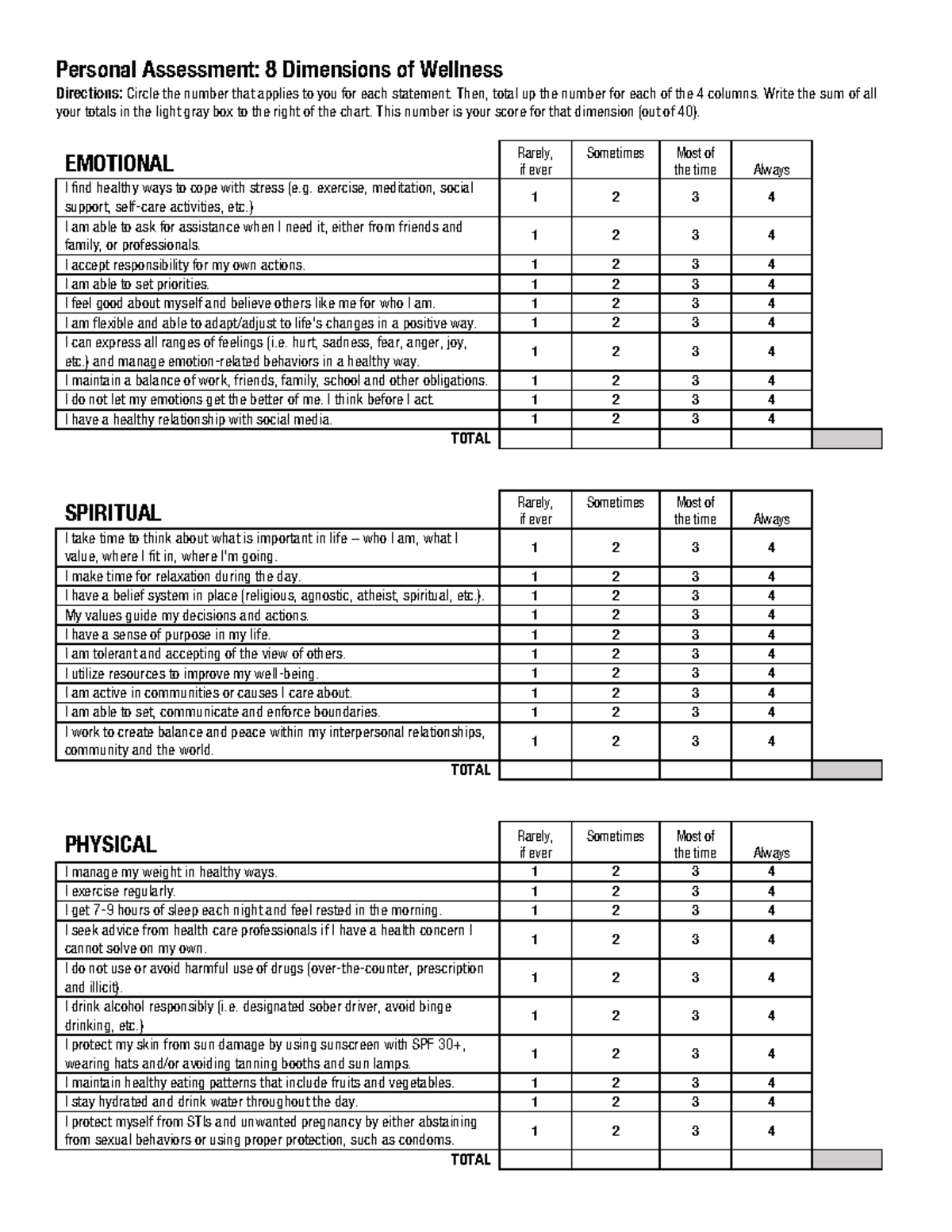 8 Dimensions of Wellness Tool - Personal Assessment: 8 Dimensions of ...