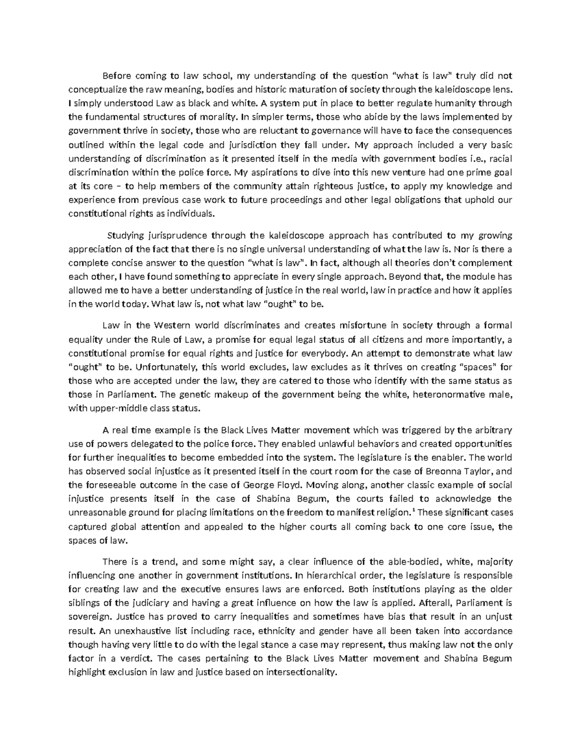 Reflection Paper - Before coming to law school, my understanding of the ...