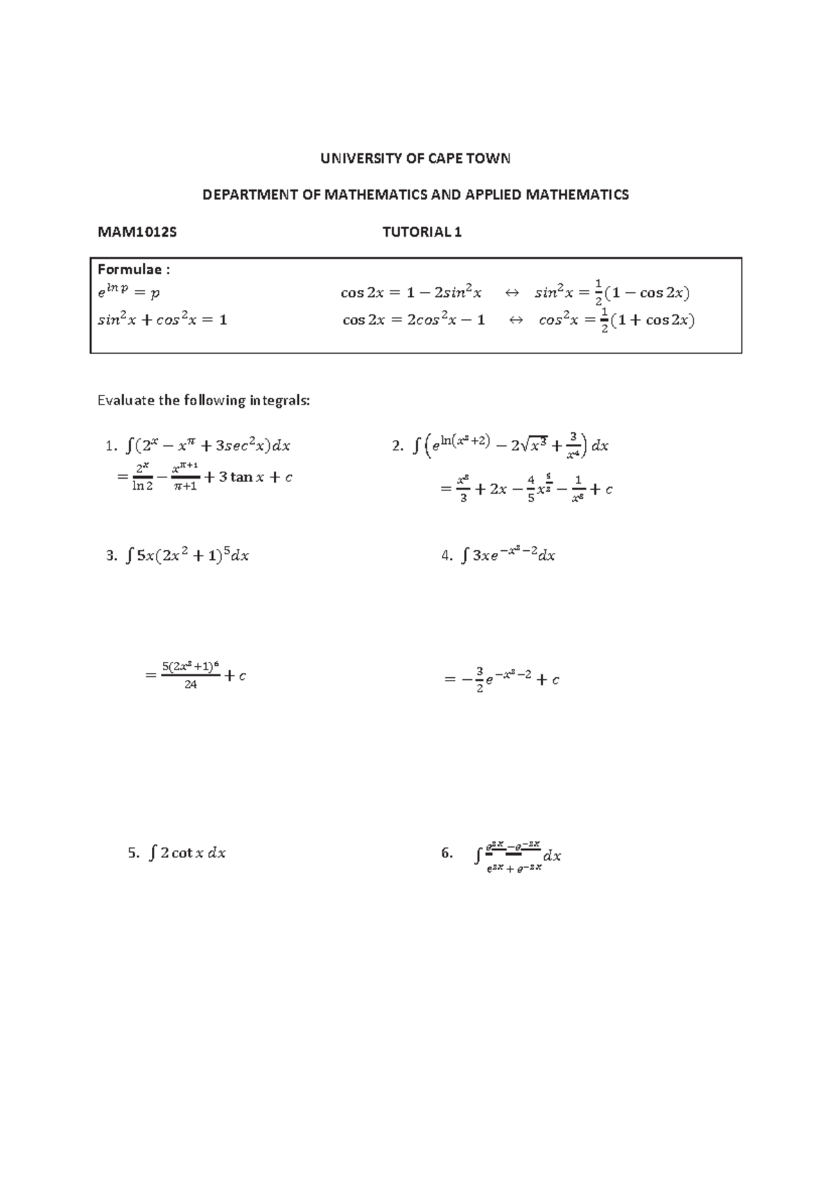 Tutorial 1 final answers - UNIVERSITY OF CAPE TOWN DEPARTMENT OF ...