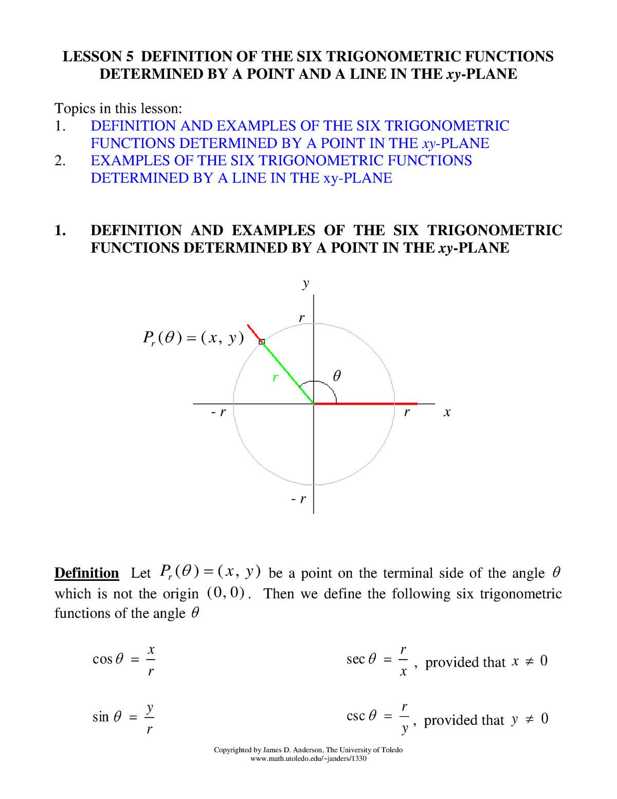 Lesson 5 Notes From Class Lesson 5 Definition Of The Six Trigonometric Functions Determined 2109