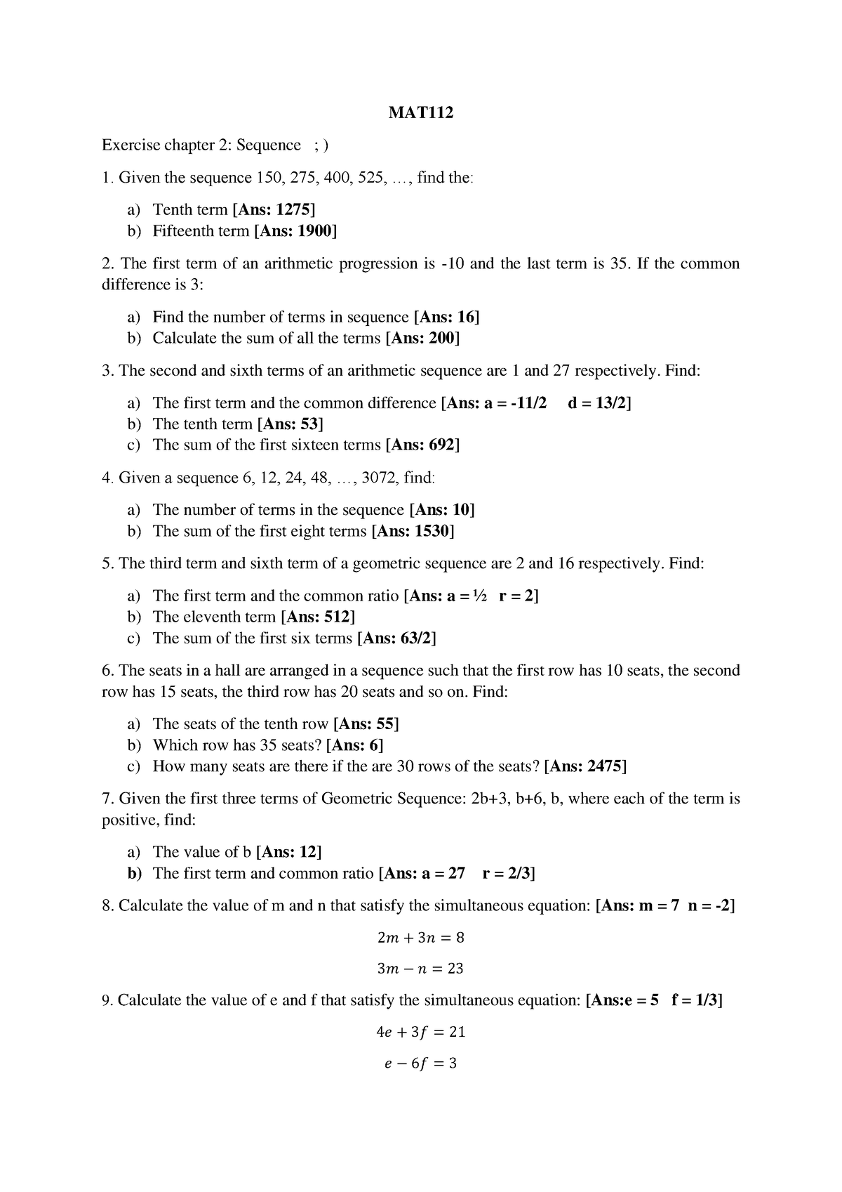 Exercise Chapter 1&2 - MAT Exercise Chapter 2: Sequence ; ) Given The ...