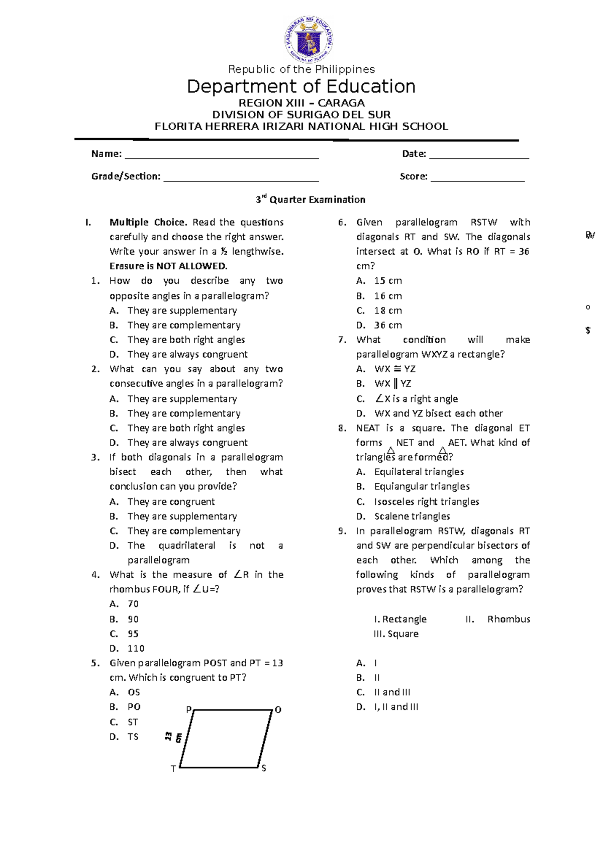 3rd-Quarter-Exam -Grd9(2022-23) - Department Of Education REGION XIII ...