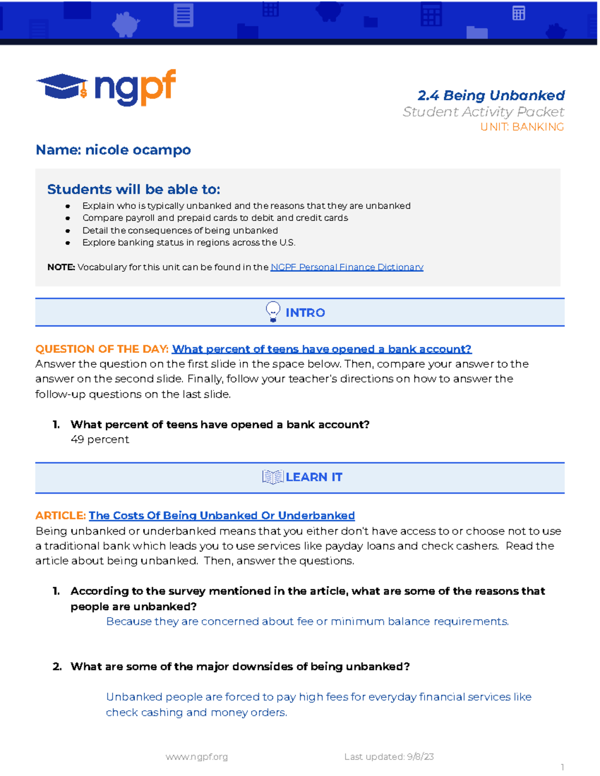 Copy of Being Unbanked - jkjjkjk - 2 Being Unbanked Student Activity ...
