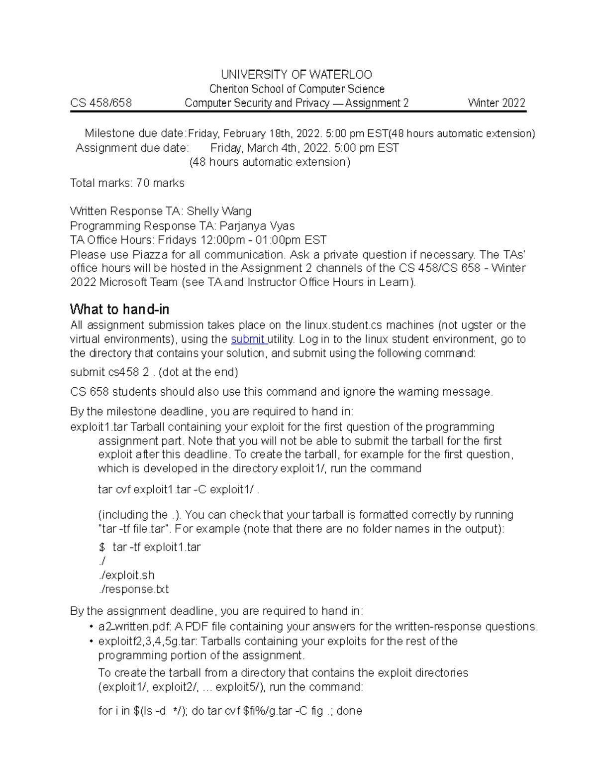 Cs458 assignment 2 for Winter term 2022 - Cheriton School of Computer ...