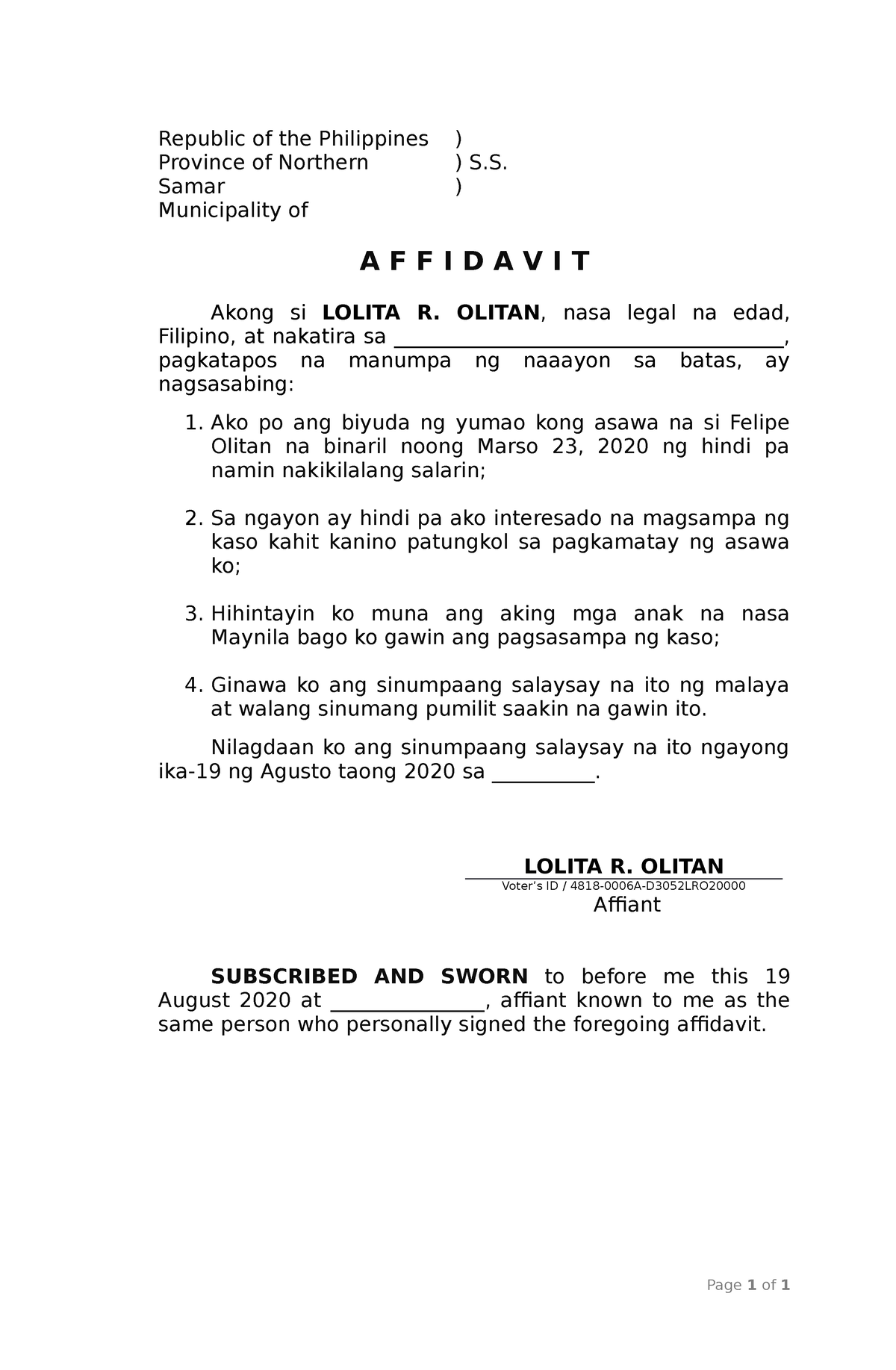 Affidavit 1 - Republic Of The Philippines Province Of Northern Samar ...