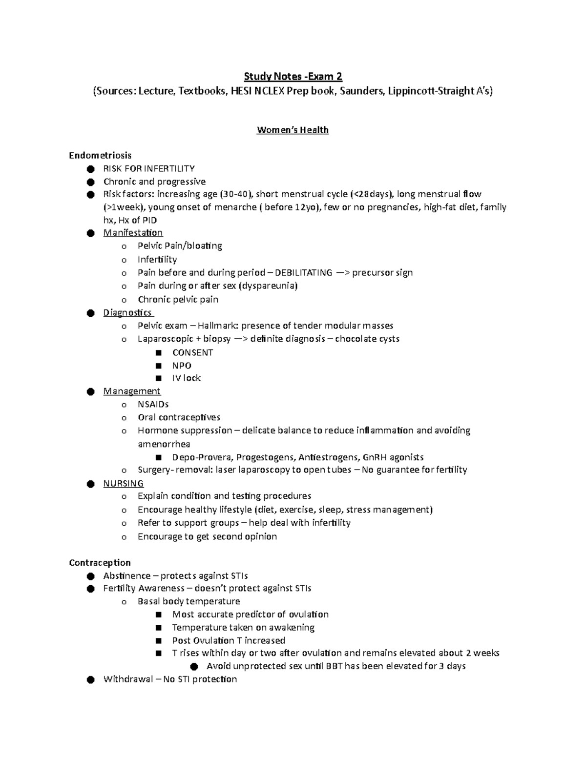 NU201 Exam 2- Study notes - Study Notes -Exam 2 (Sources: Lecture ...