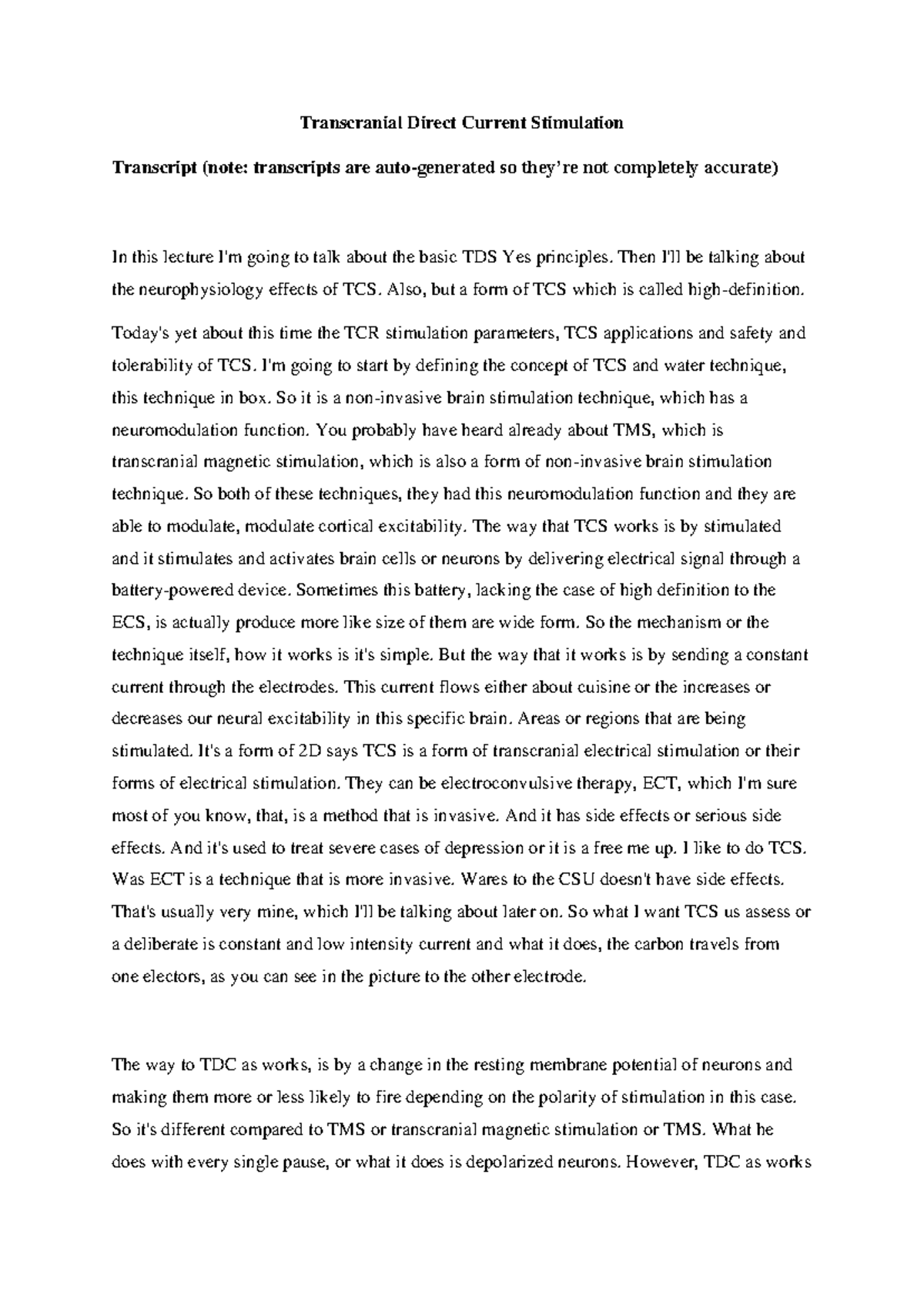 Tdcs transcript PDF - Transcranial Direct Current Stimulation ...