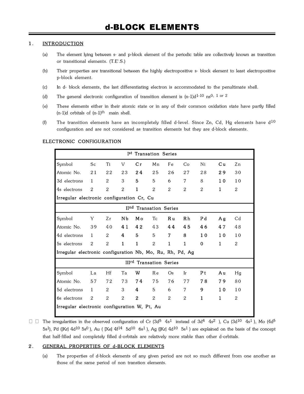 D- Block Elements - Chemistry - d-BLOCK ELEMENTS 1. I NT RO DU CT IO N