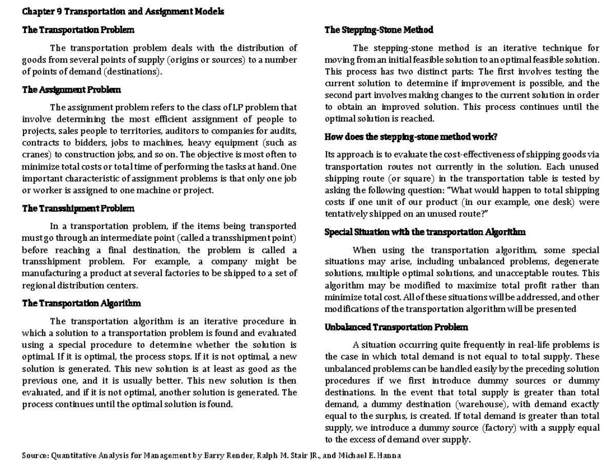 transportation and assignment model pdf