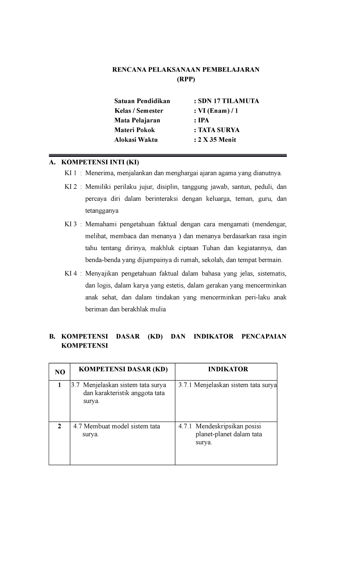 LK 5 RPP IPA - RPP - RENCANA PELAKSANAAN PEMBELAJARAN (RPP) Satuan ...