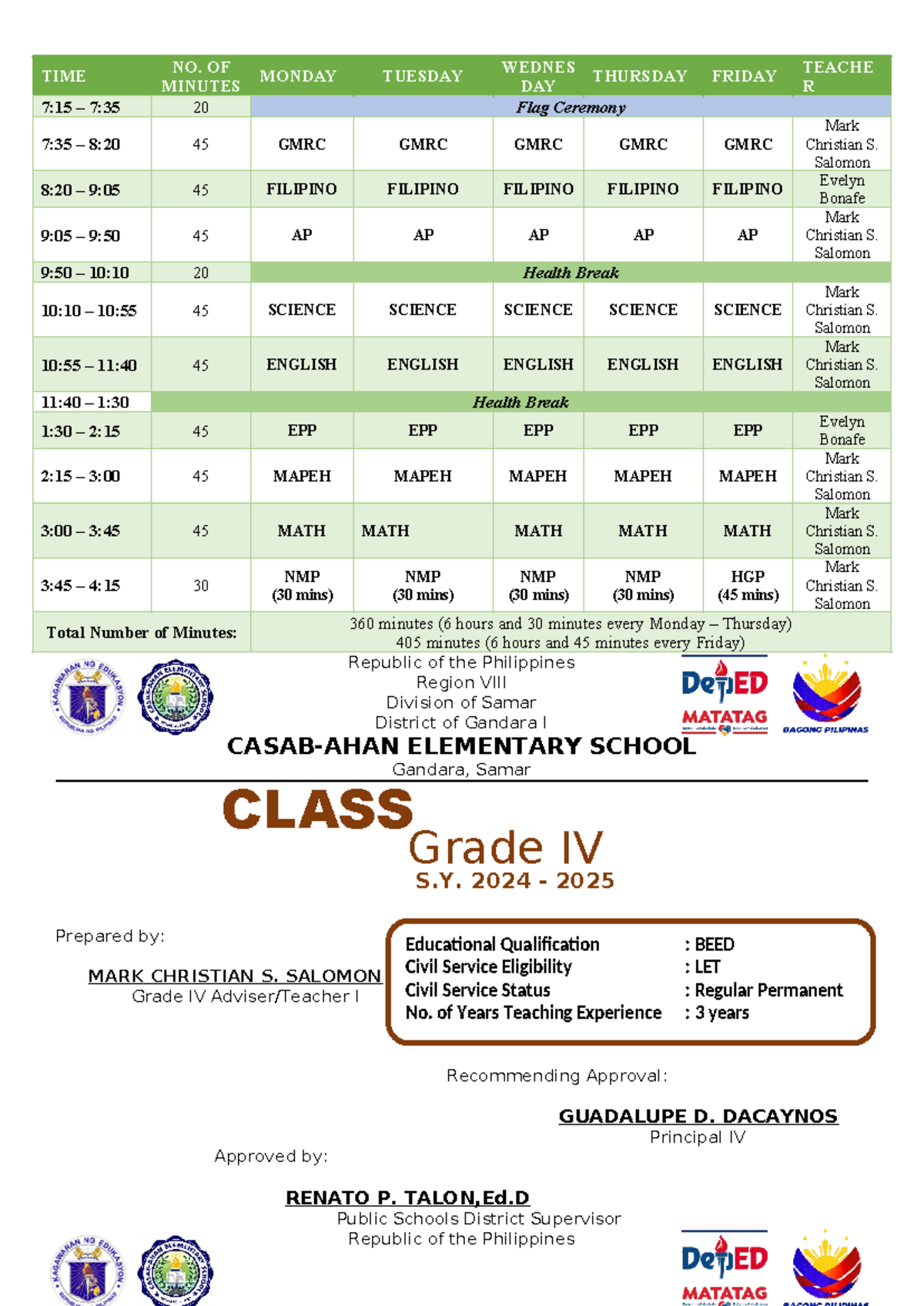 Class Program AND Teachers Program 2024 Final - TIME NO. OF MINUTES ...