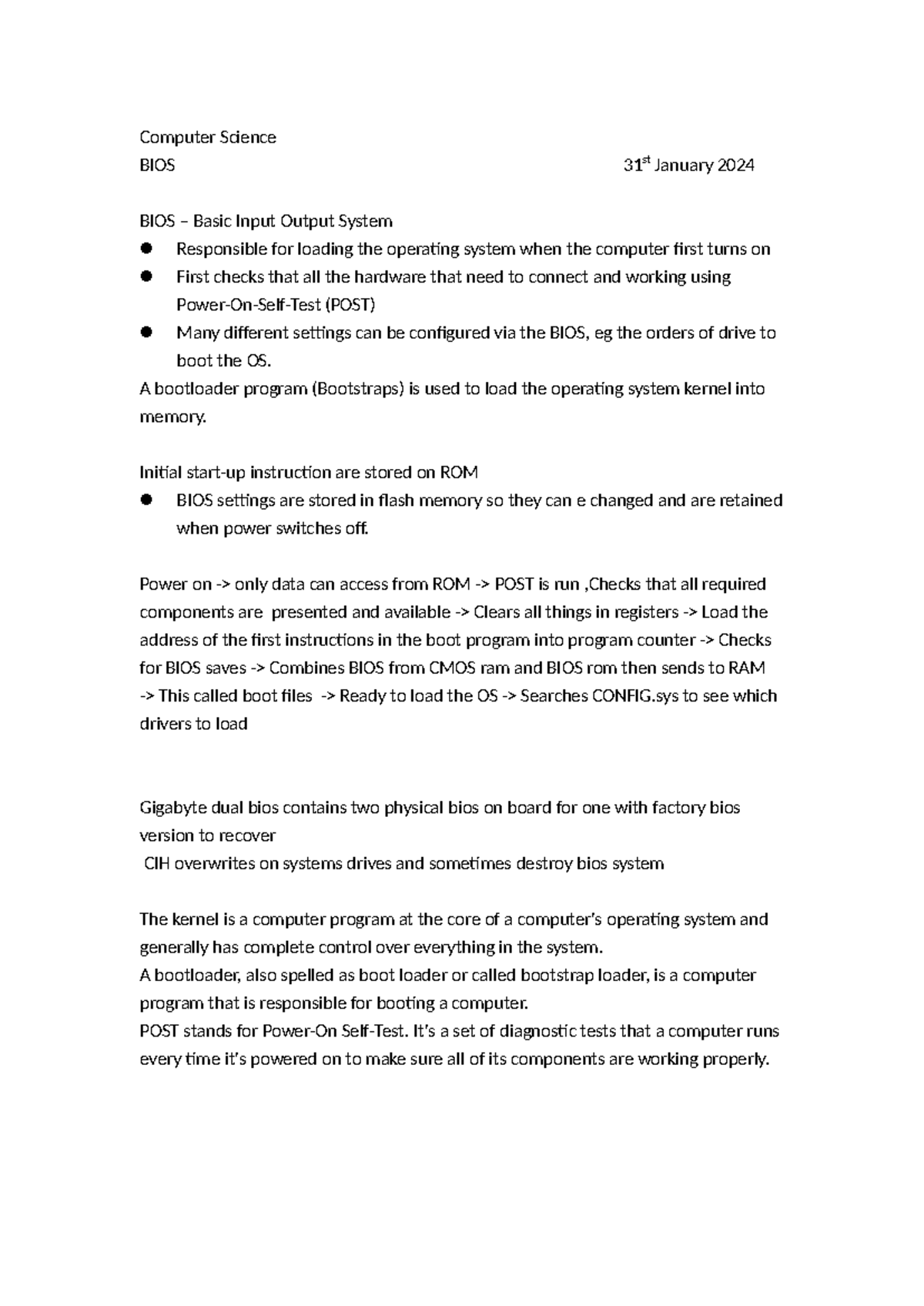 BIOS - Computer Science - Computer Science BIOS 31 st January 2024 BIOS ...