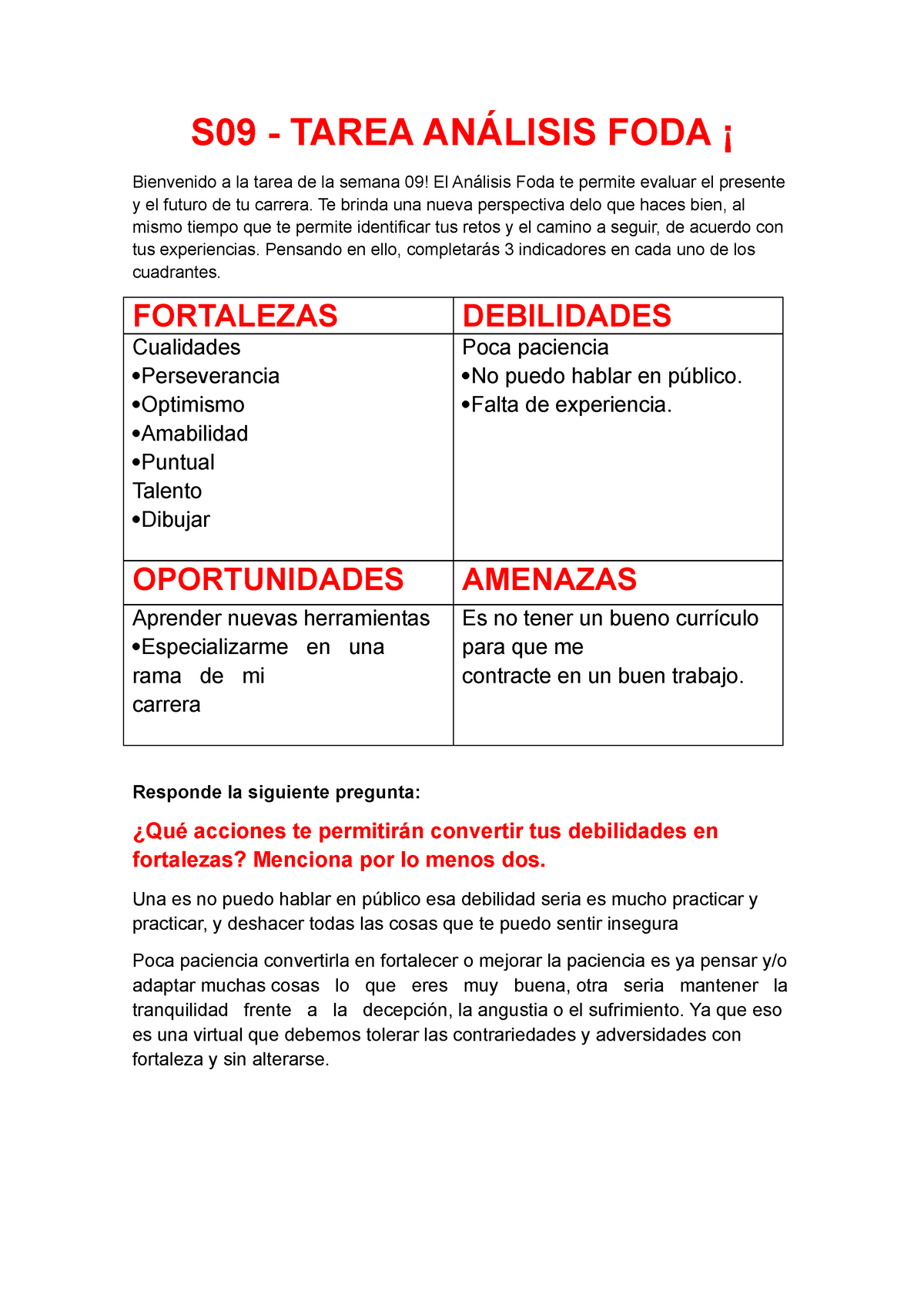 S09 Utp S09 Tarea AnÁlisis Foda ¡ Bienvenido A La Tarea De La Semana 09 El Análisis Foda 0899