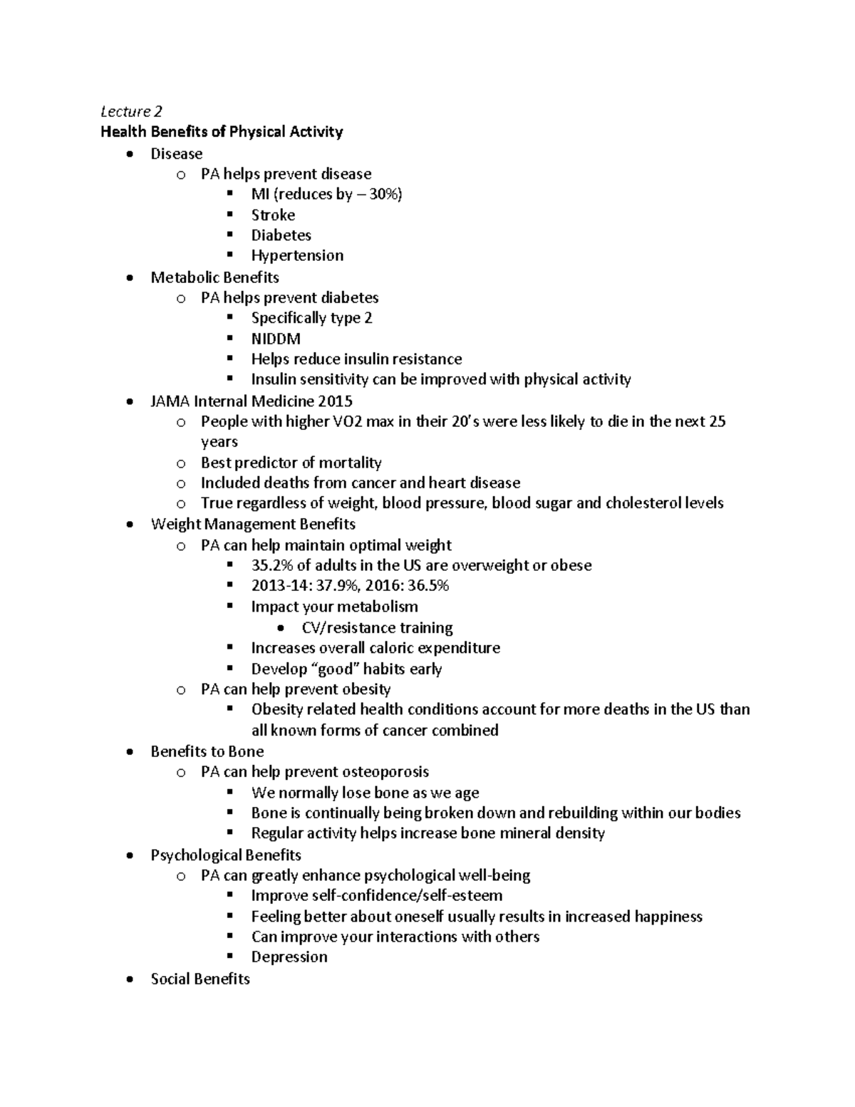 HPR Lecture 2 Notes - Lecture 2 Health Benefits of Physical Activity ...