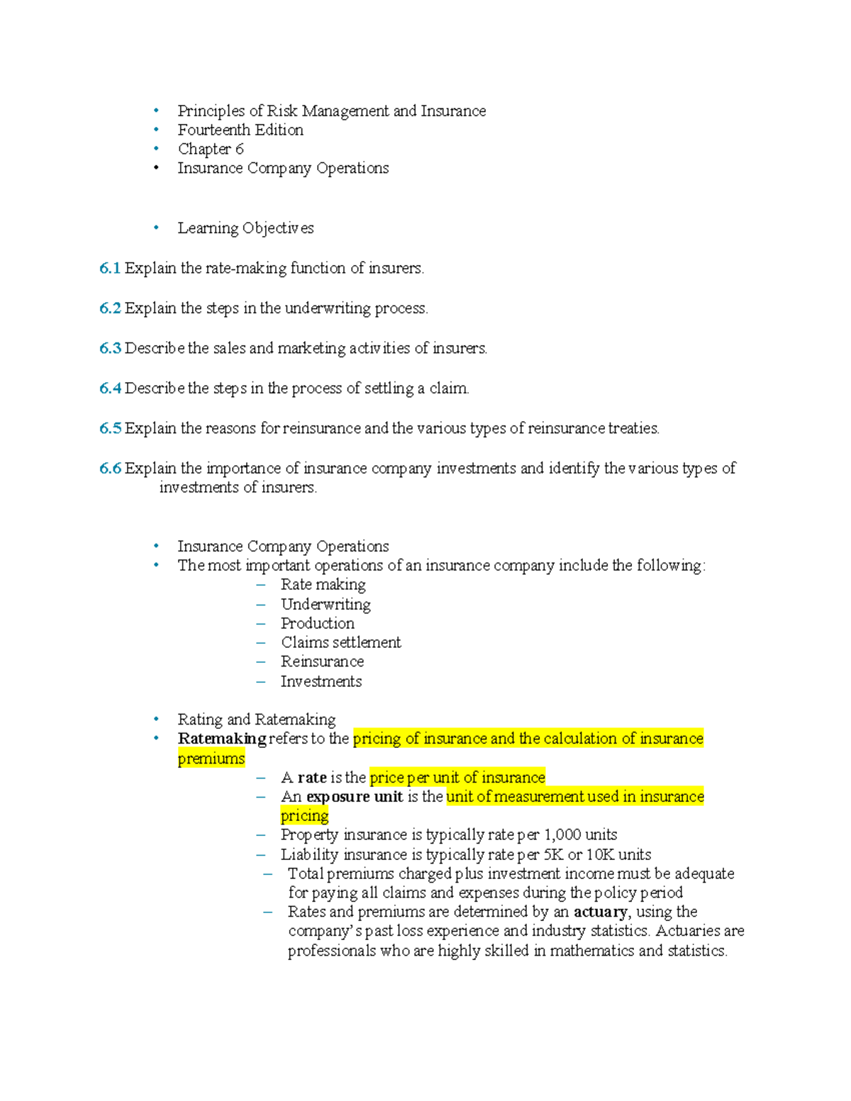 Ch 6 Notes - Insurance Co Operations - Principles of Risk Management ...