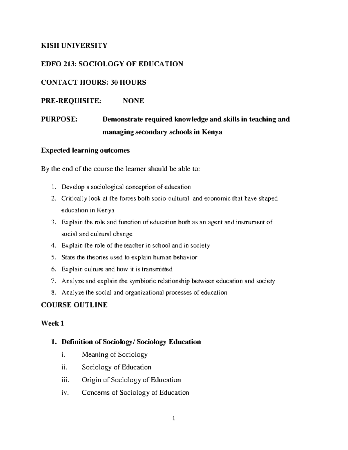 Sociology OF Education Course Outline KISII UNIVERSITY EDFO 213