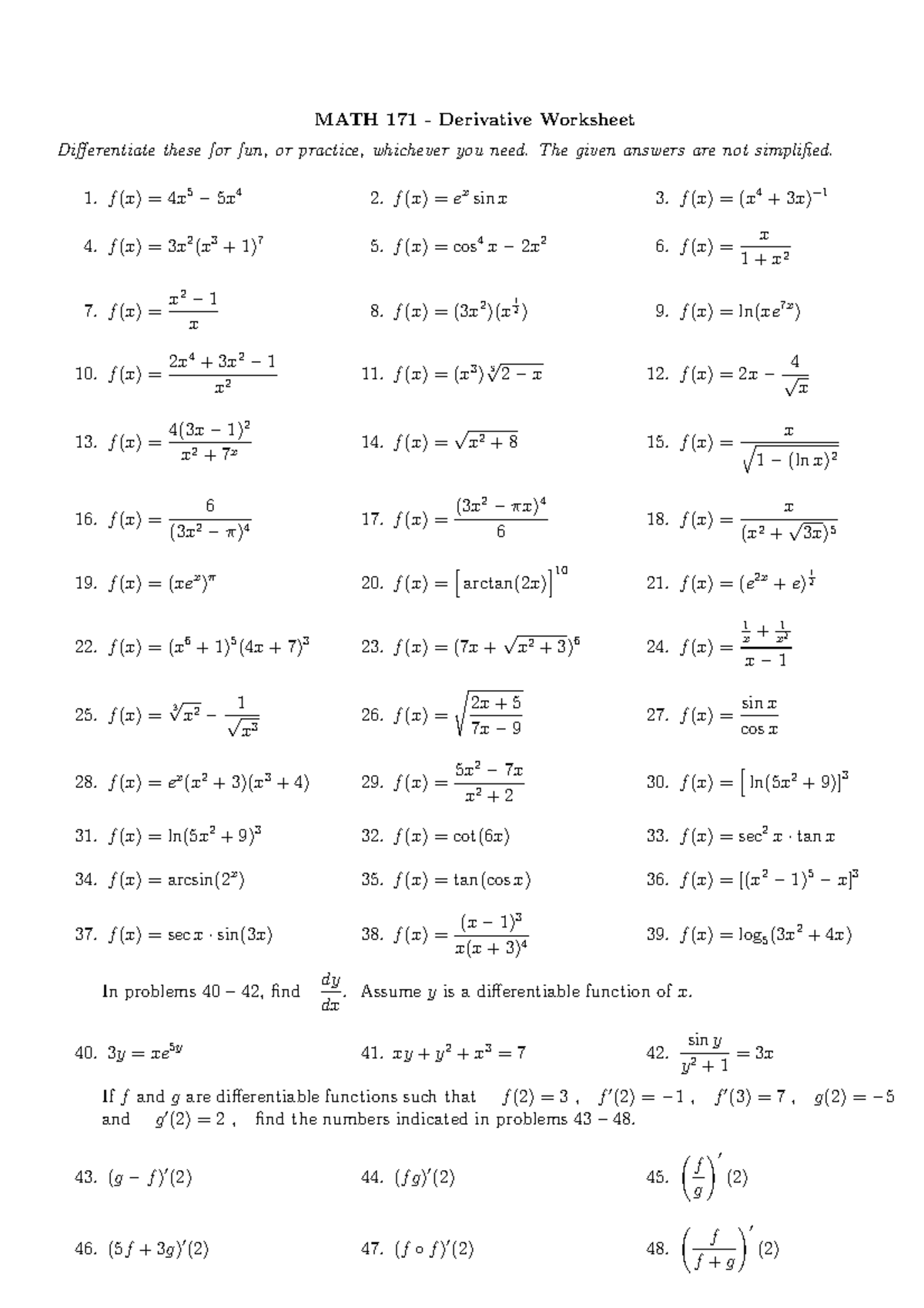 Derivative Worksheet - Lecture notes 1-3 - MATH 171 - Derivative ...