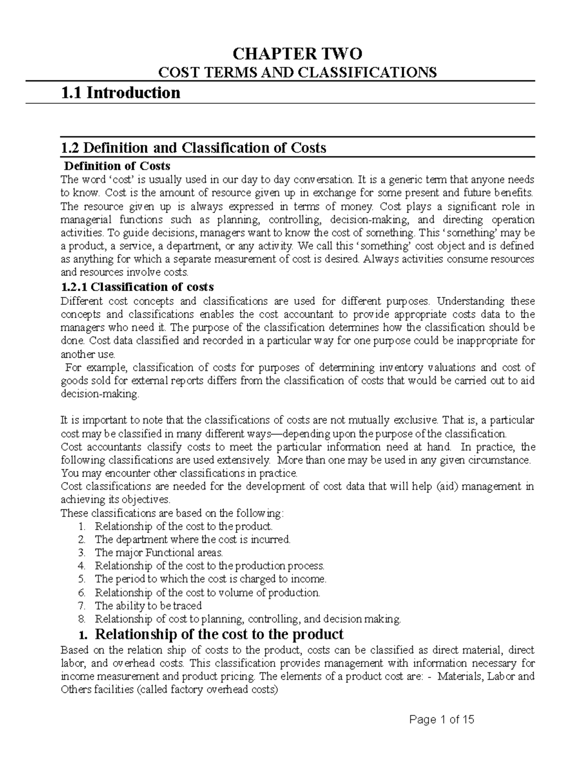 Cost - Chapter 2-1 - Accounting and finance department - CHAPTER TWO ...