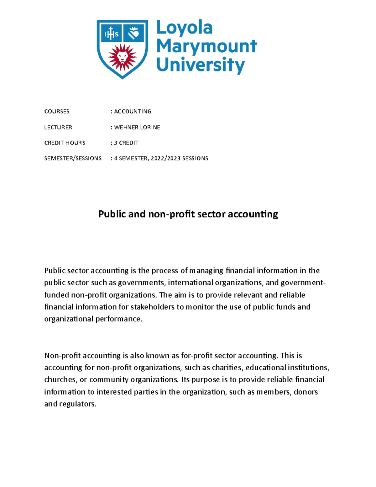 Public and nonprofit sector accounting COURSES ACCOUNTING LECTURER