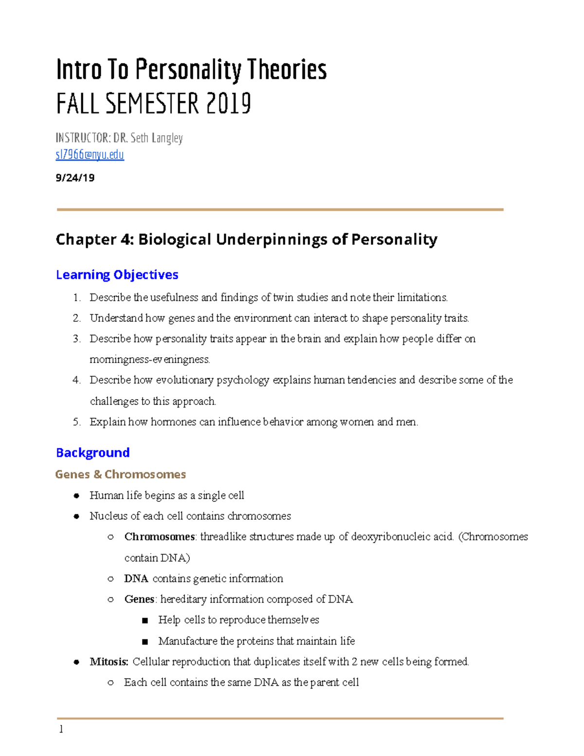 Chapter 4 - Lecture notes 7-8 - Intro To Personality Theories FALL ...