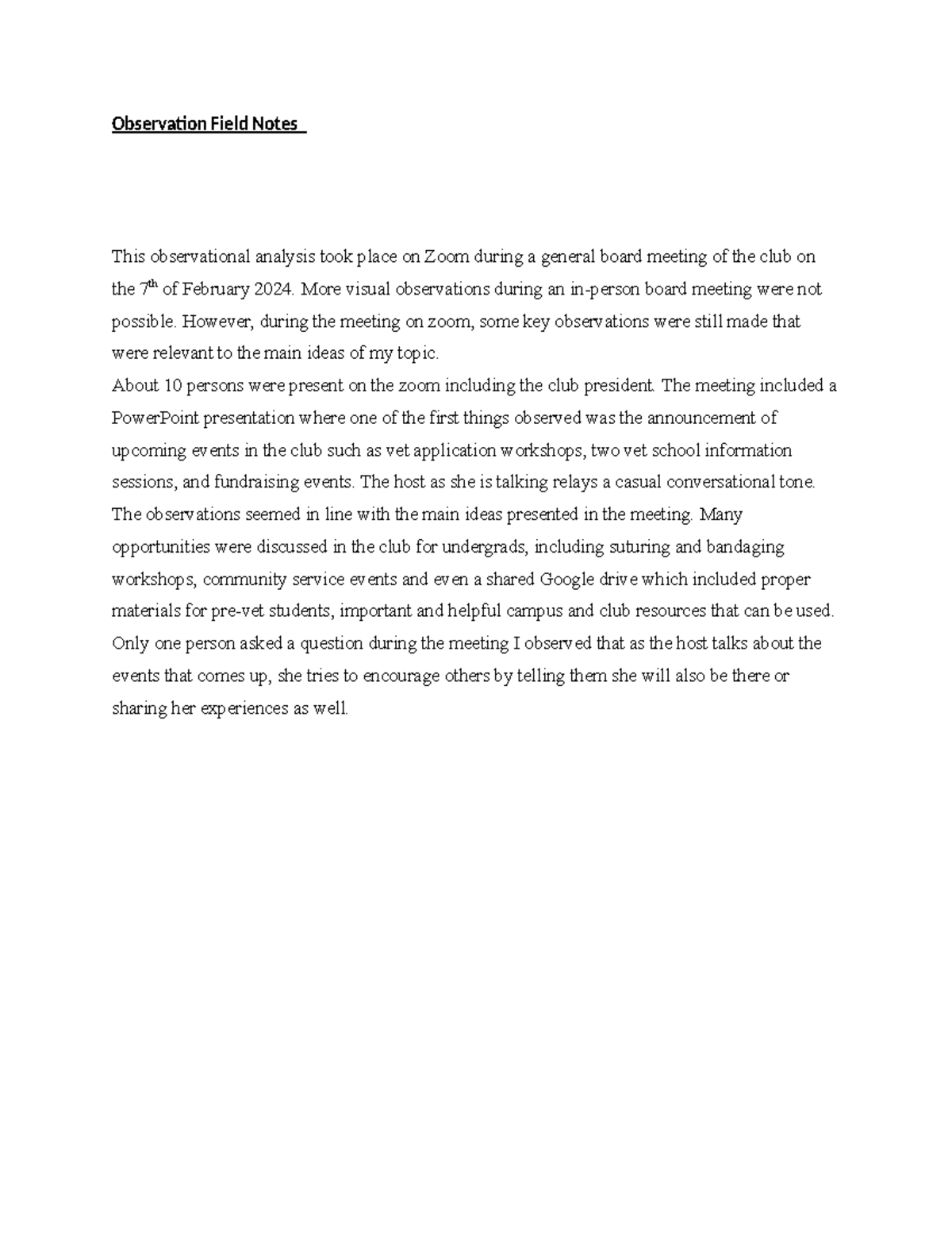 Observation Field Notes - More visual observations during an in-person ...