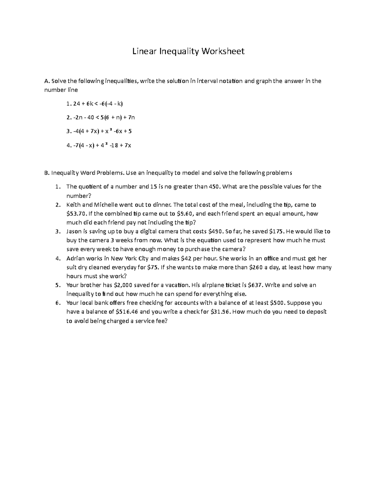 Linear Inequality Worksheet (with problem solving questions) - Linear ...