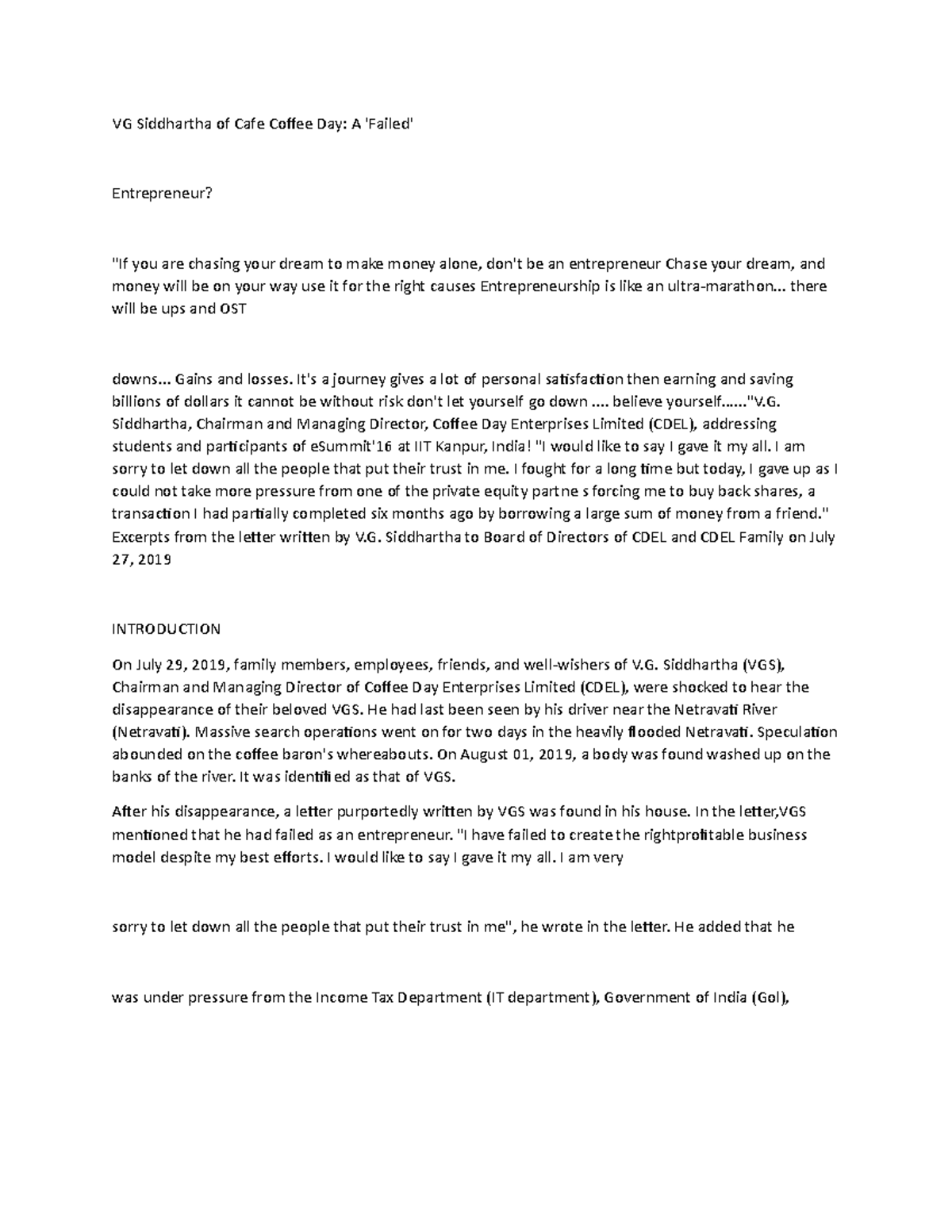 Document Notes VG Siddhartha Of Cafe Coffee Day A Failed