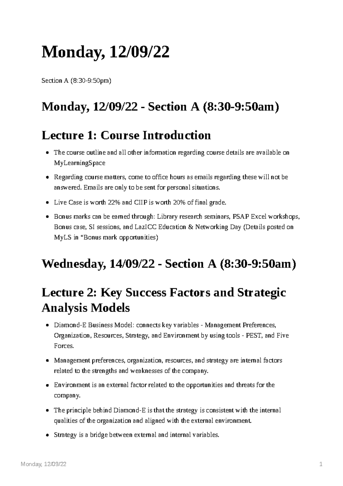 BU111 Week 1 Notes - Monday, 12/09/22 1 Monday, 12/09/ Section A (8:30 ...
