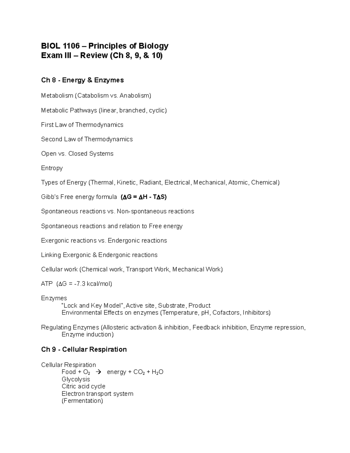 Exam 3 - Review (Fall 20) - BIOL 1106 – Principles of Biology Exam III ...