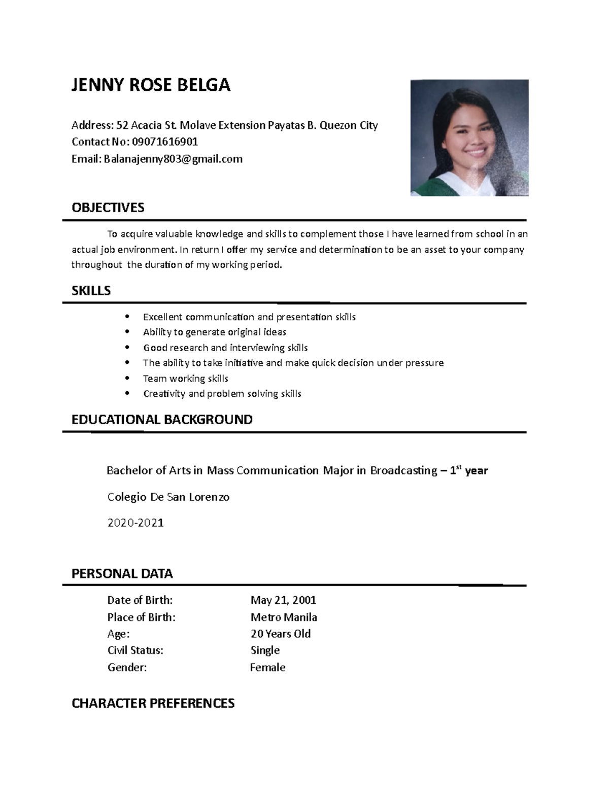 Jenny Resume unfinished - JENNY ROSE BELGA Address: 52 Acacia St ...