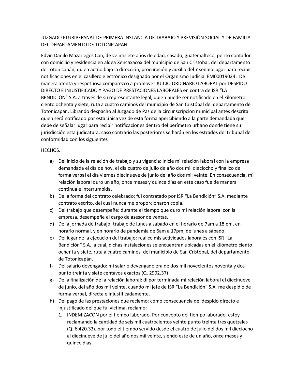 Demostración De Demanda Laboral - JUZGADO PLURIPERSNAL DE PRIMERA ...