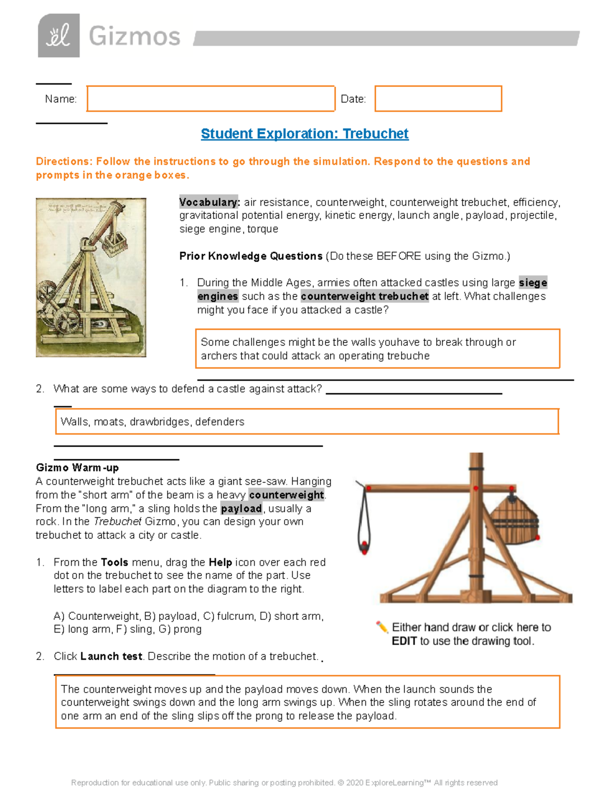 Trebuchet SE Gizmo - Name: Date: Student Exploration: Trebuchet ...