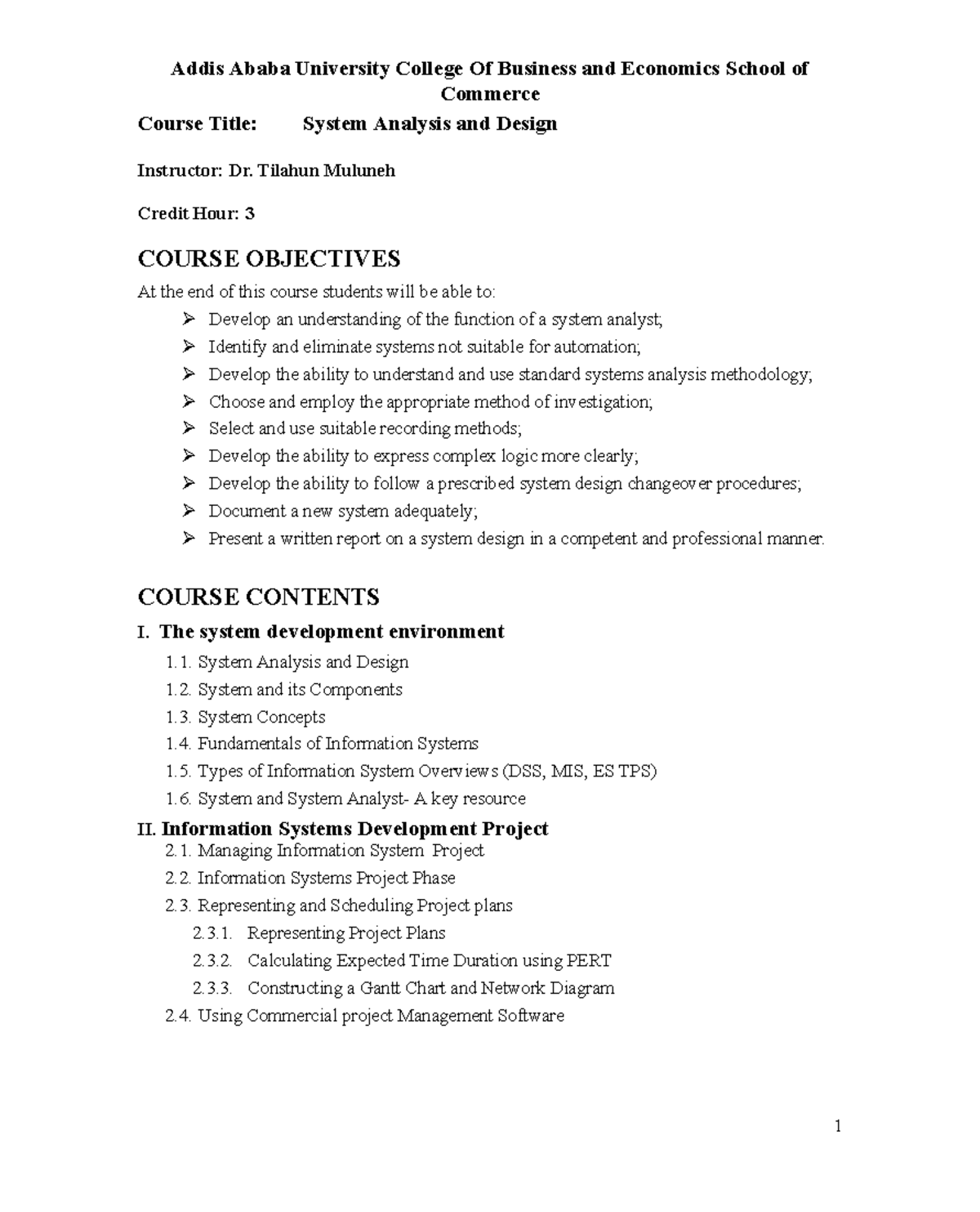 System COurseoutline(New) - Addis Ababa University College Of Business ...