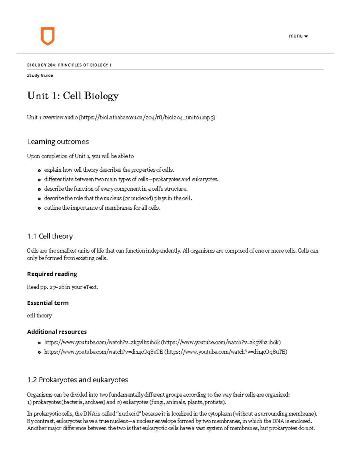 Study Guide - Unit 1 -AU BIO 204 - menu BIOLOGY 204 : PRINCIPLES OF ...