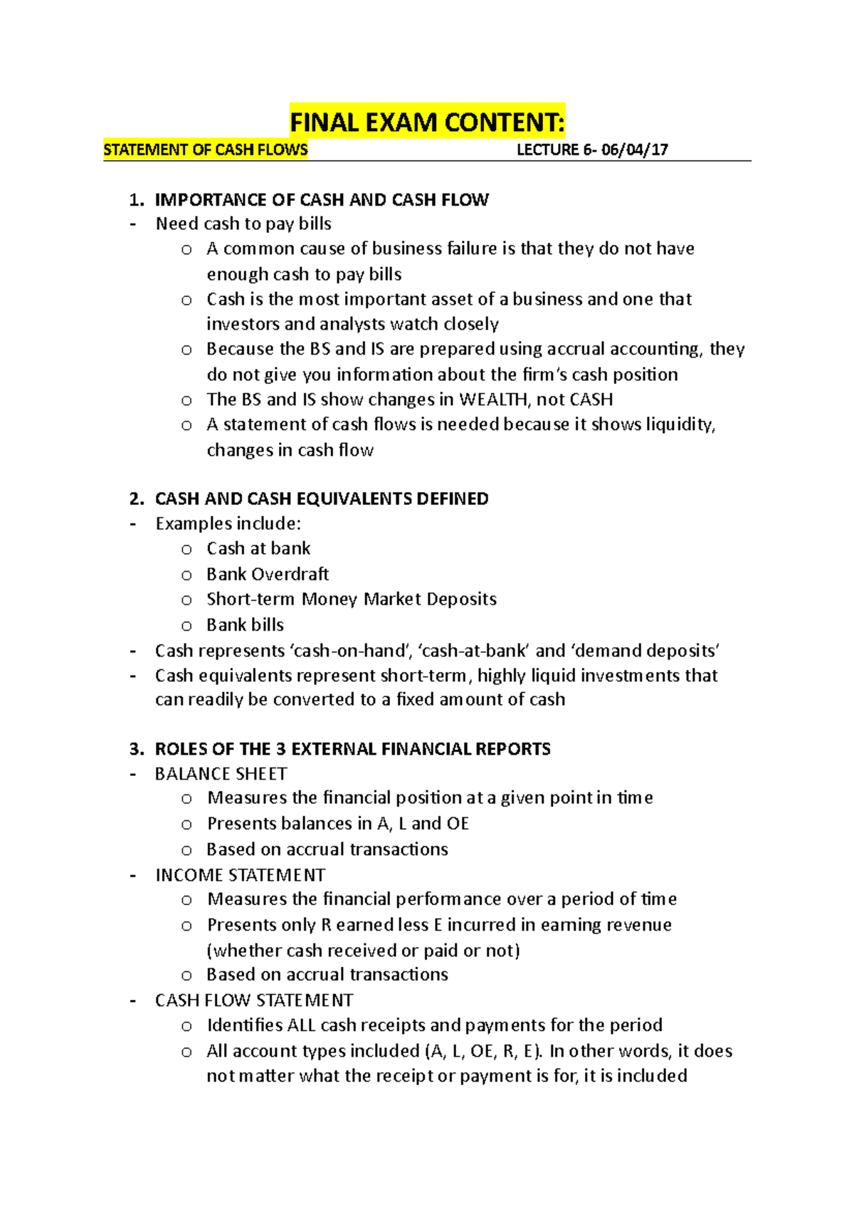 EXAM- Accounting Notes - FINAL EXAM CONTENT: STATEMENT OF CASH FLOWS ...