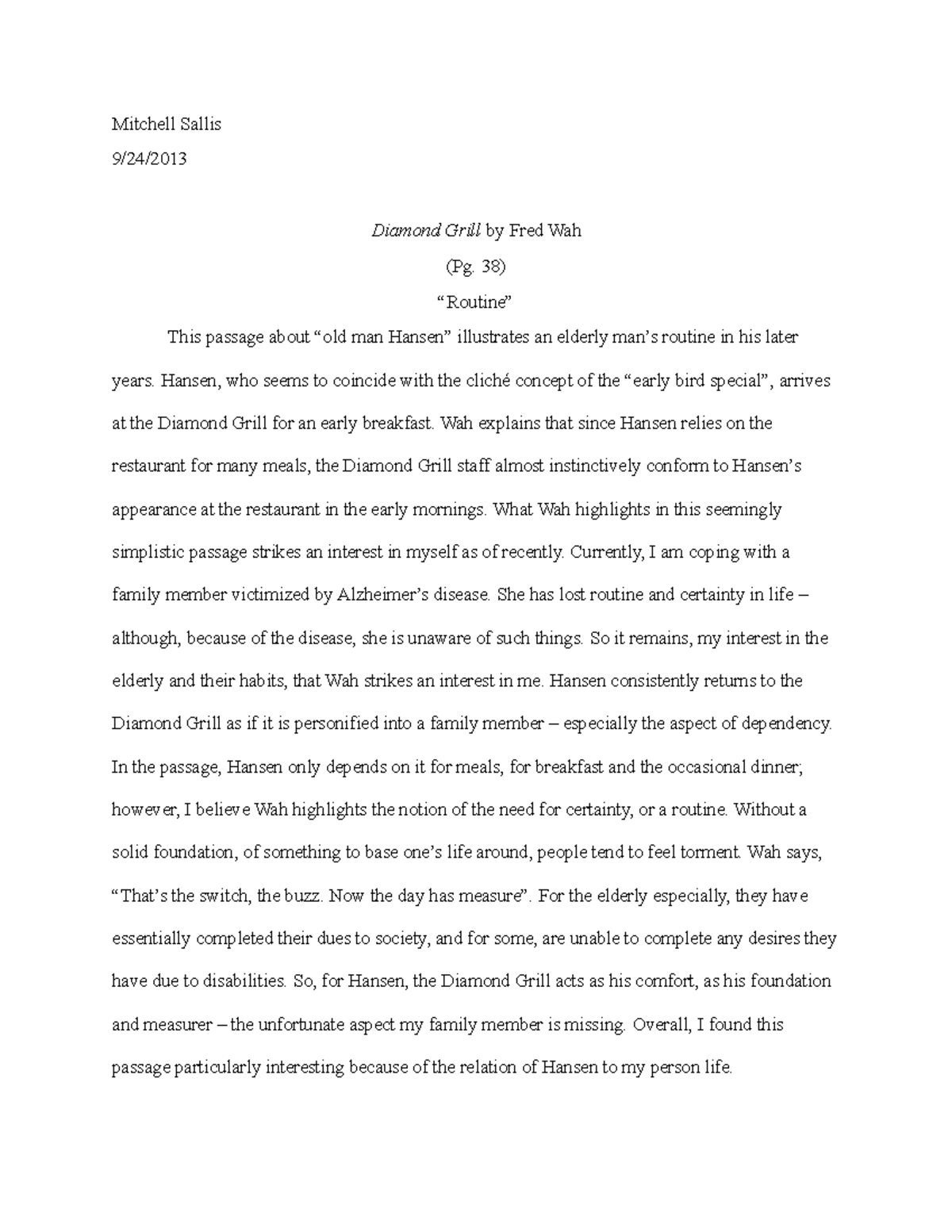 Diamond Grill Seminar llgh Mitchell Sallis 9/24/ Diamond Grill by