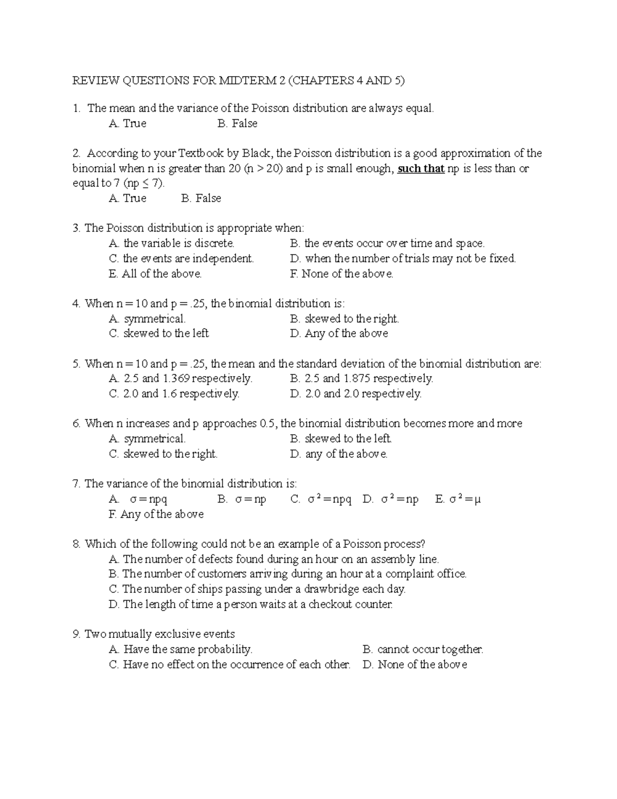Business Analytics.Midterm 2.Review Questions - REVIEW QUESTIONS FOR ...